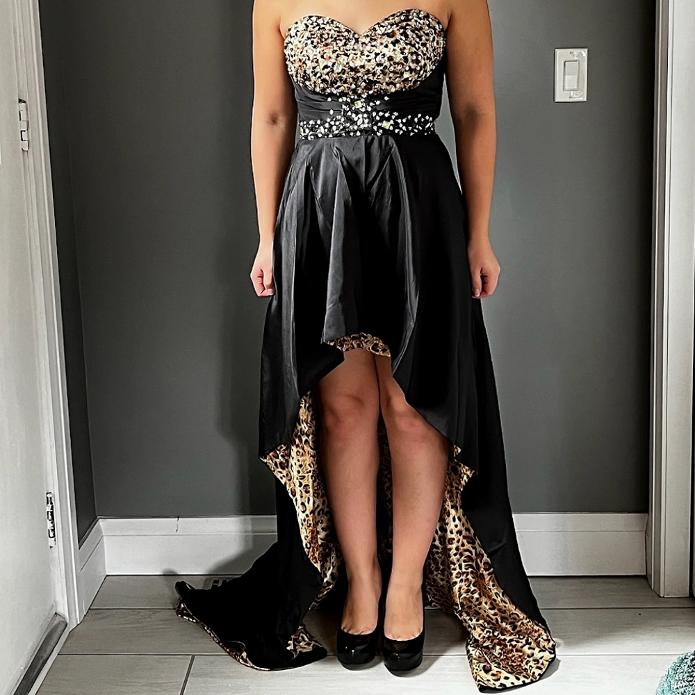 Strapless Black & Leopard Print Formal Dress Size 6